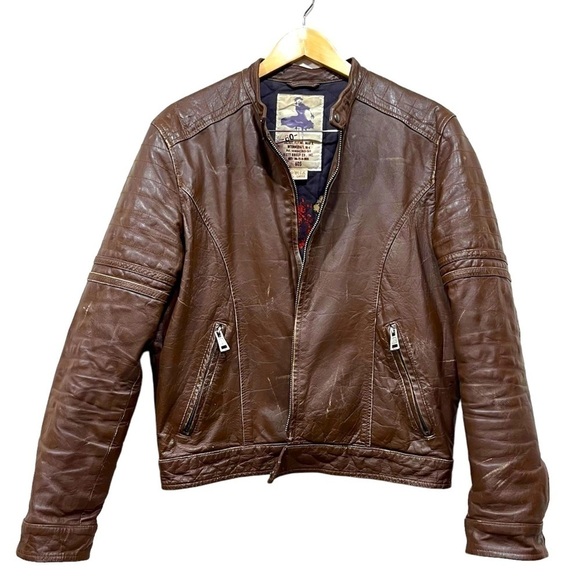 VINTAGE Sixty Brown Leather Distressed Moto Jacket Large .. zipper broken - Picture 1 of 11